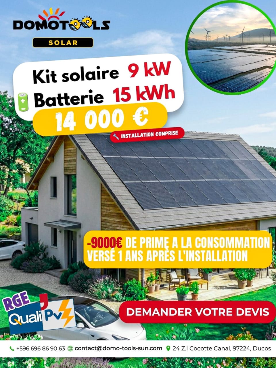 Kit solaire 9 kWc + batterie 15 kWh Martinique 14000 euros installation comprise